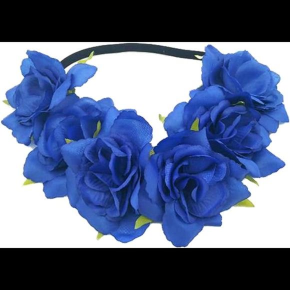 Floral Fall Rose Holiday Crown Festival Headbands Hippie Flower Headpiece Blue